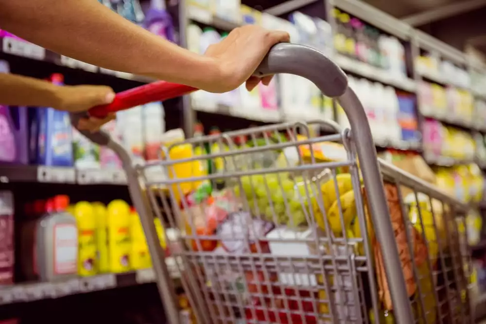 person pushing a cart full of groceries