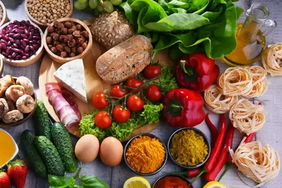 bread, cheese, meat, beans, pasta, spices, vegetables