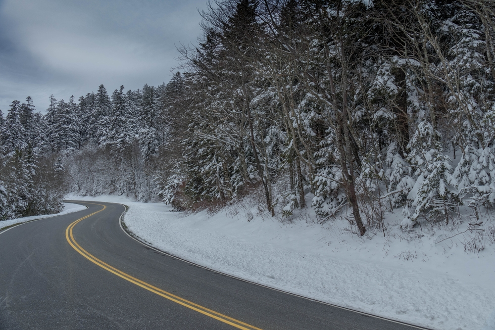 smoky mountain road in winter with snow