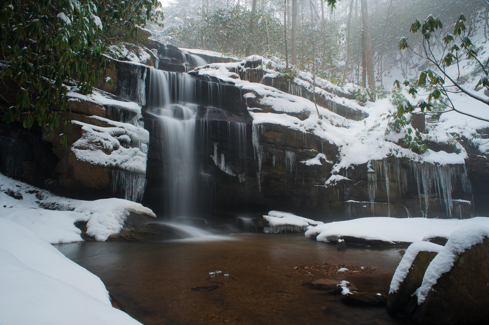 partially frozen waterfall in the smoky mountains