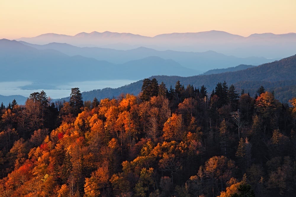 Beautiful mountain vista with fall colors in the Smoky Mountains