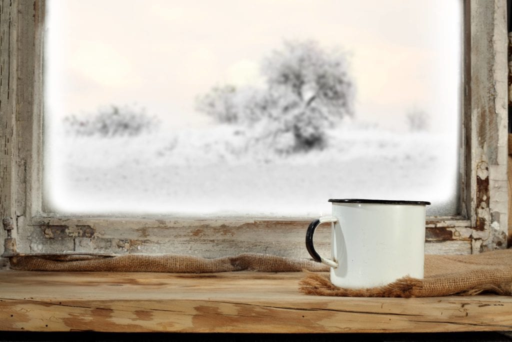 coffee cup in front of window