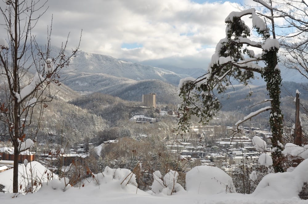 Snow covers downtown Gatlinburg and the Smoky Mountains